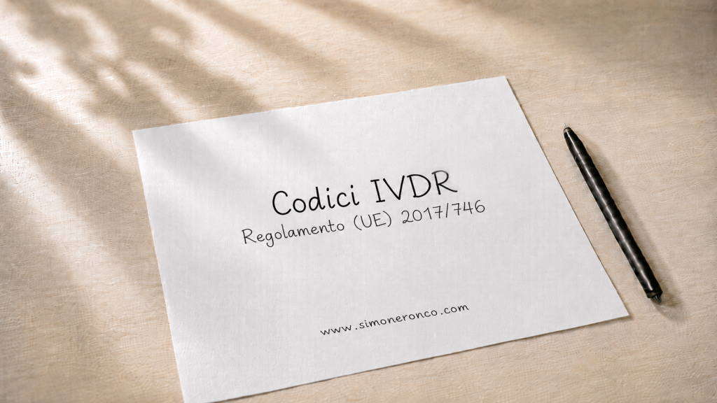 Foglio con il titolo Codici IVDR e riferimento al Regolamento (UE) 2017/746