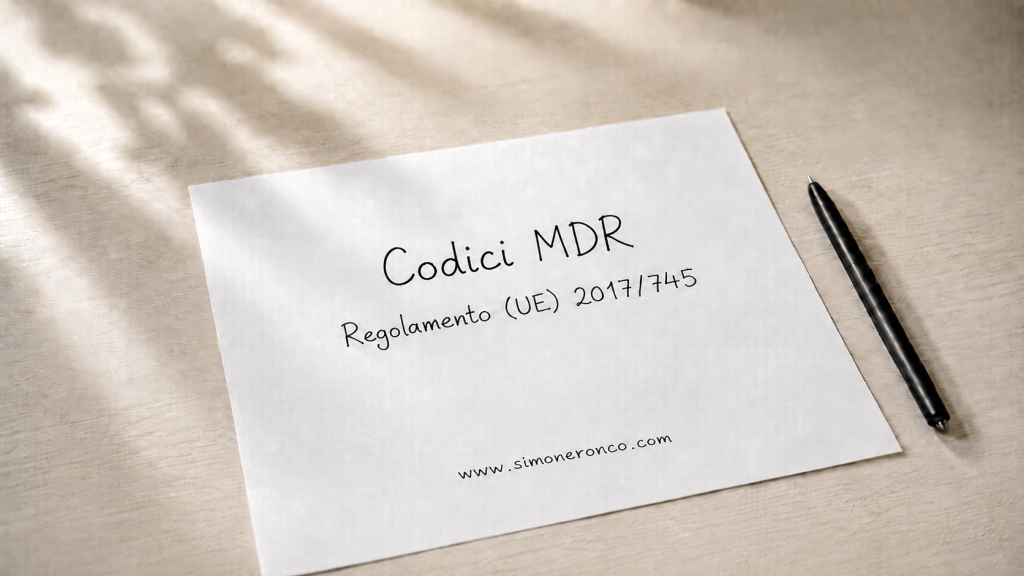 Foglio con il titolo Codici MDR e riferimento al Regolamento (UE) 2017/745