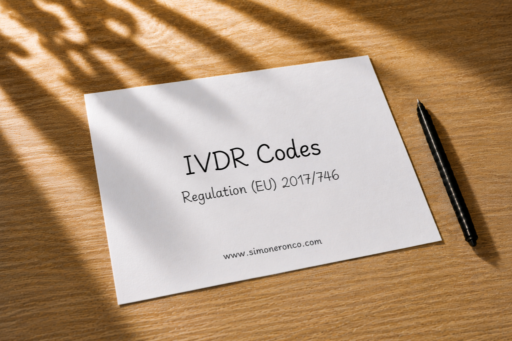 Sheet with the title IVDR Codes and reference to Regulation (EU) 2017/746