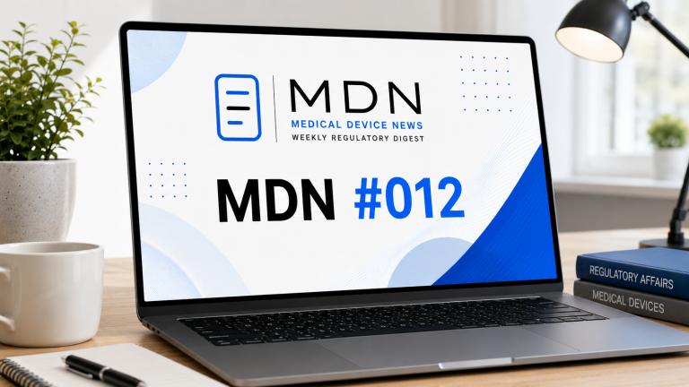 Copertina MDN #012 Medical Device News con laptop su scrivania, dedicata agli aggiornamenti regolatori sui dispositivi medici di luglio 2026. MDN #012 Medical Device News cover with laptop on desk, dedicated to medical device regulatory updates for July 2026.