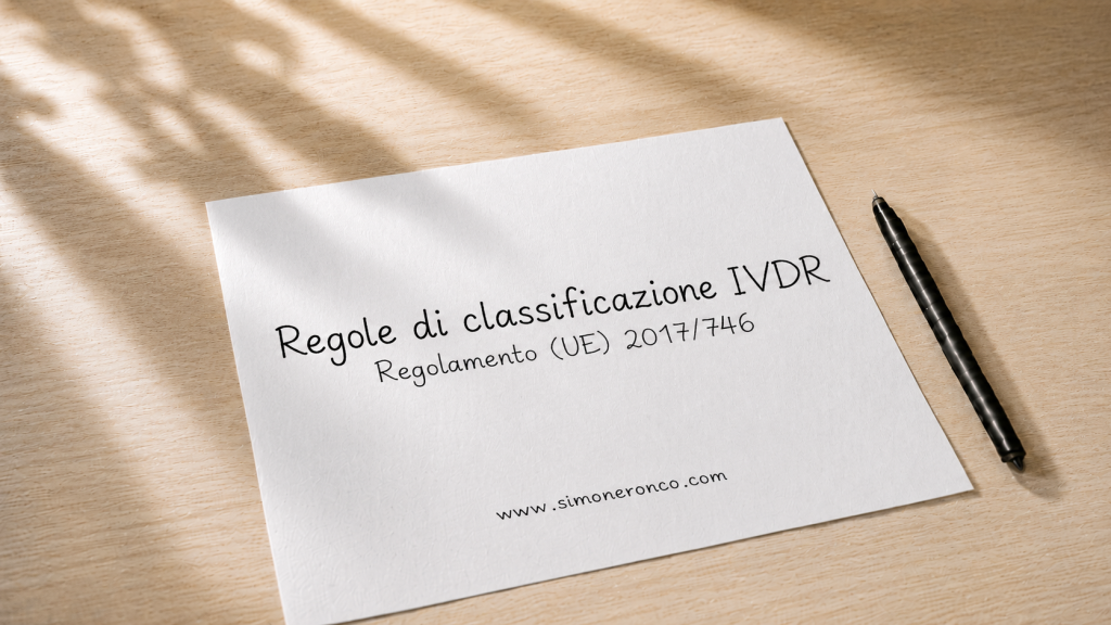 Foglio con il titolo Regole di classificazione IVDR e riferimento al Regolamento (UE) 2017/746