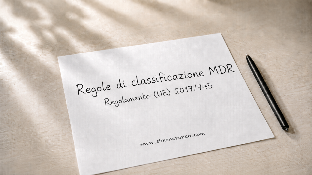 Foglio con il titolo Regole di classificazione MDR e riferimento al Regolamento (UE) 2017/745