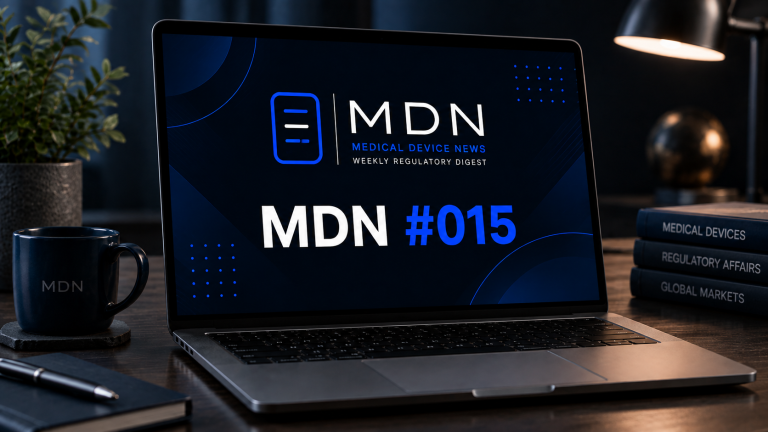 Copertina MDN #015 Medical Device News con laptop su scrivania, dedicata alle news regolatorie sui dispositivi medici di settembre 2026. MDN #015 Medical Device News cover with laptop on desk, dedicated to medical device regulatory news for September 2026.