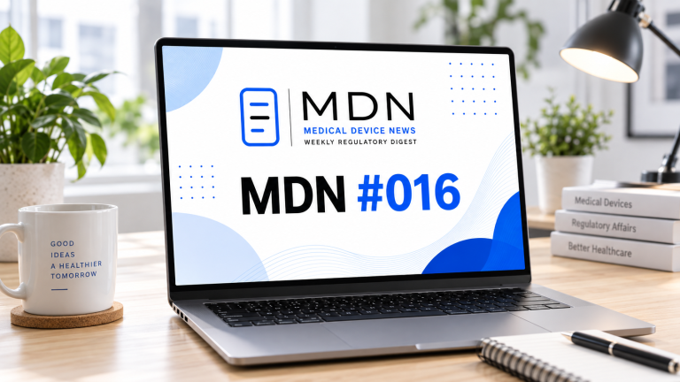 Copertina MDN #016 Medical Device News con laptop su scrivania, dedicata alle news regolatorie sui dispositivi medici di settembre 2026. MDN #016 Medical Device News cover with laptop on desk, dedicated to medical device regulatory news for September 2026.
