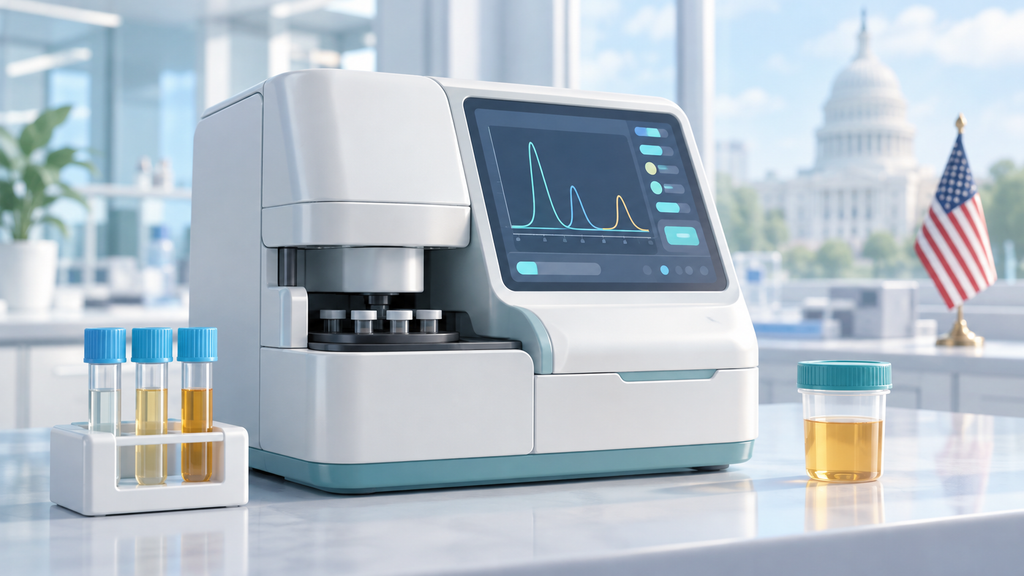 Illustration of a laboratory analyser with test tubes and a specimen container, with a US flag and the Capitol in the background.