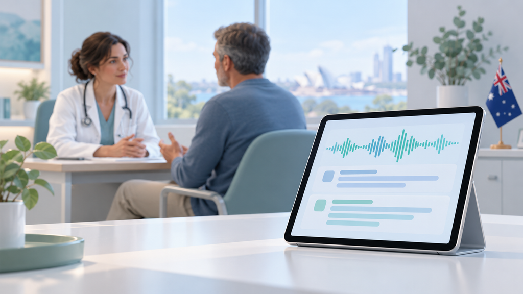 Illustration of a medical consultation with a tablet displaying a digital transcription interface and an Australian flag.