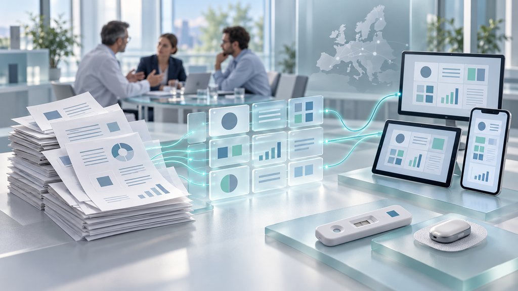 Illustrazione del passaggio da documenti cartacei a dati strutturati interoperabili per dispositivi medici e IVD.
Illustration of the transition from paper documents to interoperable structured data for medical devices and IVDs.
