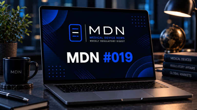Copertina MDN #019 Medical Device News con laptop su scrivania, dedicata agli aggiornamenti regolatori sui dispositivi medici di ottobre 2026. MDN #019 Medical Device News cover with laptop on desk, dedicated to medical device regulatory updates for October 2026.