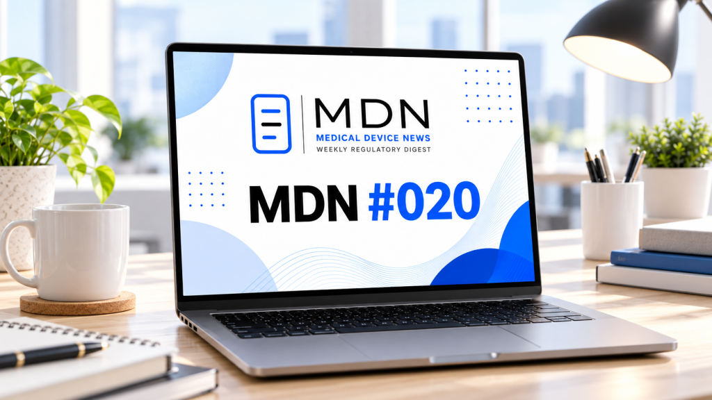 Copertina MDN #020 Medical Device News con laptop su scrivania, dedicata agli aggiornamenti regolatori sui dispositivi medici di ottobre 2026. MDN #020 Medical Device News cover with laptop on desk, dedicated to medical device regulatory updates for October 2026.
