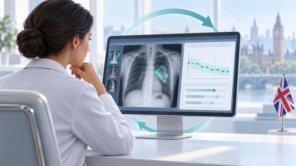 Illustration of a healthcare professional reviewing a chest X-ray and monitoring charts, with circular arrows and a UK flag.